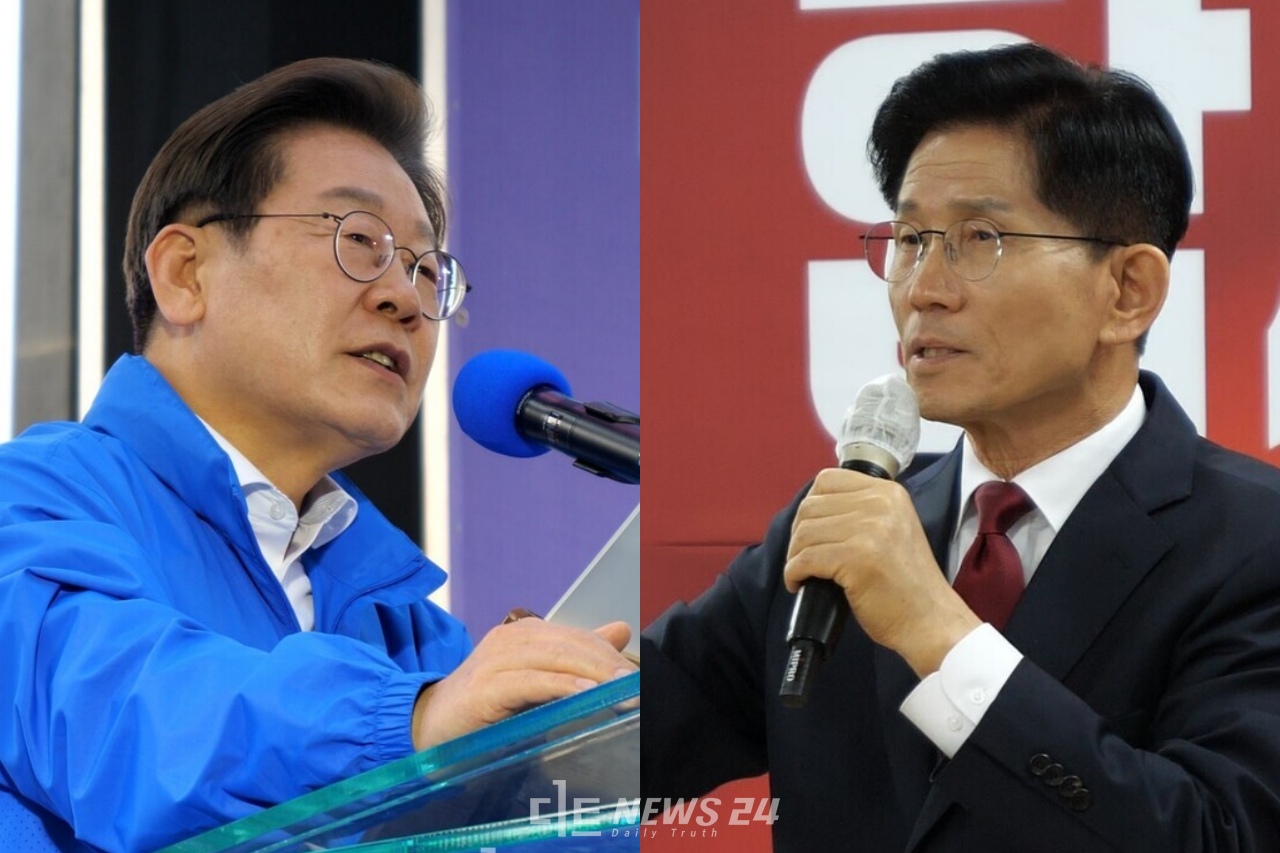 지난 12일 제21대 대선 공식 선거운동 첫날 대전을 방문한 양당 후보 모습. 사진 왼쪽부터 더불어민주당 이재명 후보, 국민의힘 김문수 후보. 자료사진.