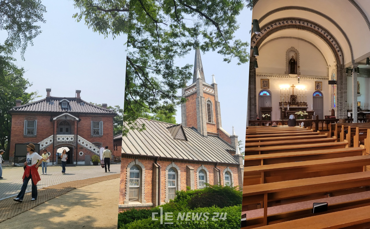 성당의 외관 모습과 내부 모습. 옛 건축 양식 그대로 보존돼 있다. 