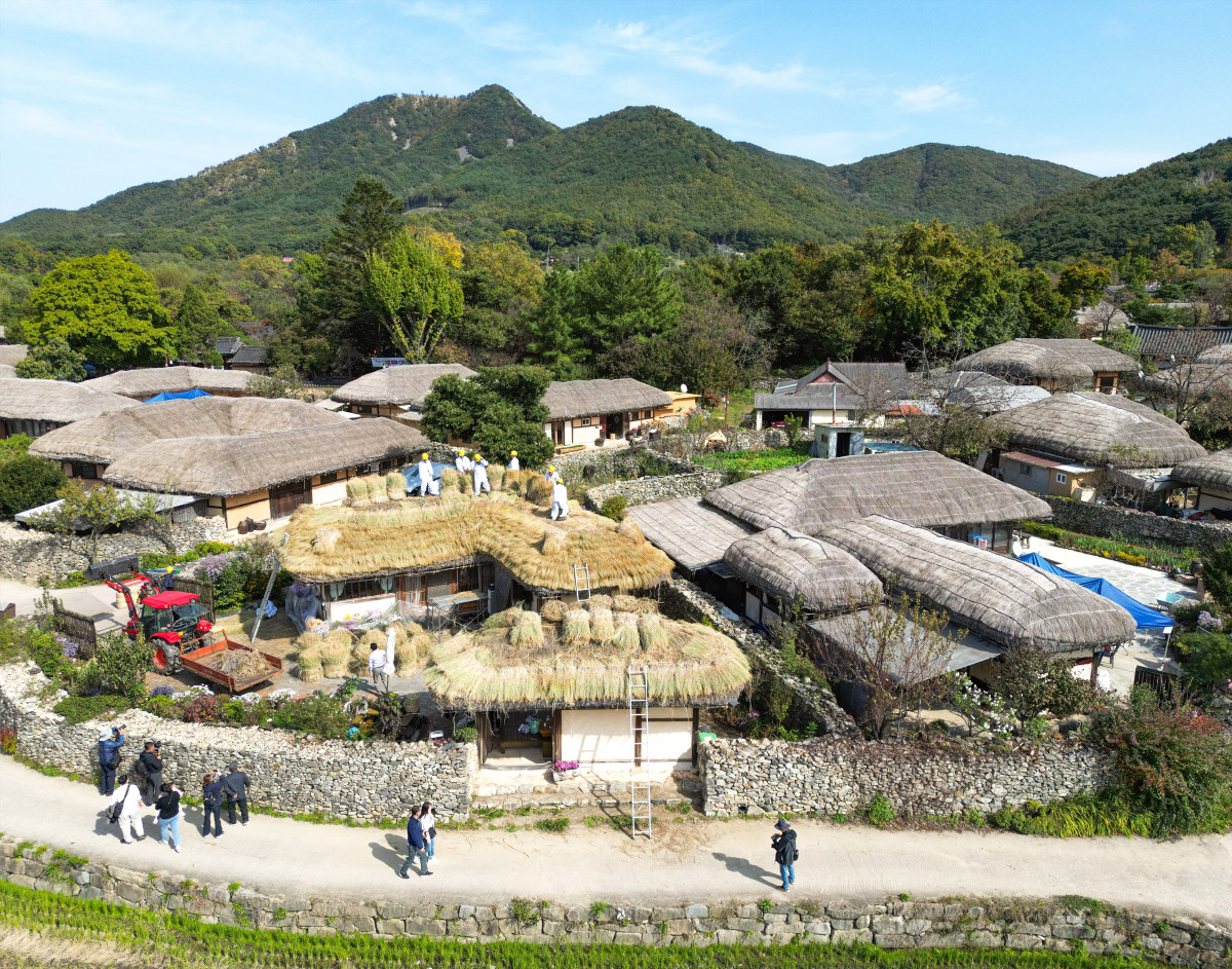 지난해 제22회 짚풀문화제 사진공모작에 최우수작으로 선정된 사진. 지붕 새단장 모습이다. 외암마을의 전경이 한눈에 보인다. 외암마을 공식 홈페이지 발췌. 