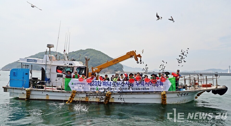 HD현대오일뱅크가 19일 대산공장 인근 충남 서산시 대산읍 삼길포항에서 ‘제23회 바다 가꾸기 사업’ 행사를 개최했다. 사진은 우럭 치어 선상 방류 모습. /HD현대오일뱅크