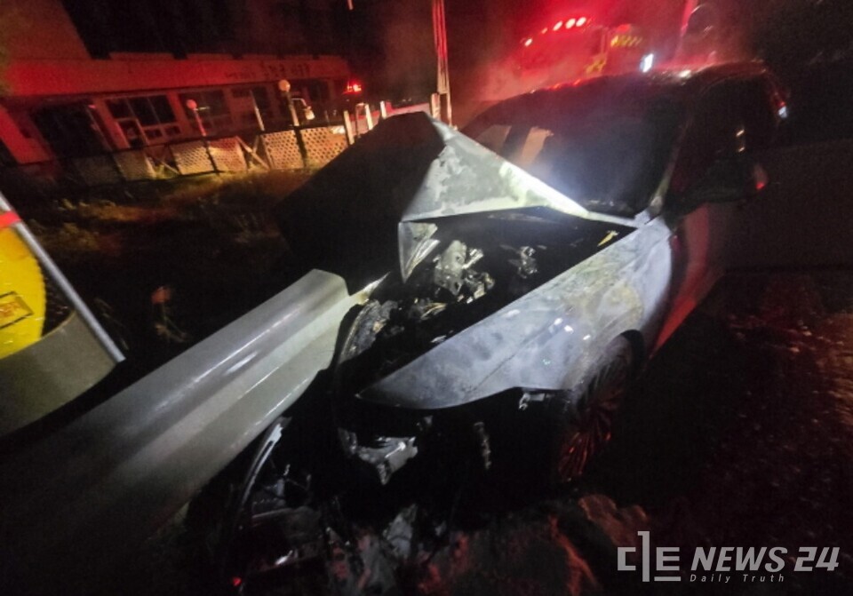 30일 오후 10시 46분경 충남 서산시 인지면 화수리의 한 도로에서 주행 중이던 그랜저 승용차가 고라니를 피하려다 가드레일을 들이받고 불이 나 14분 만에 꺼졌다. /서산소방서