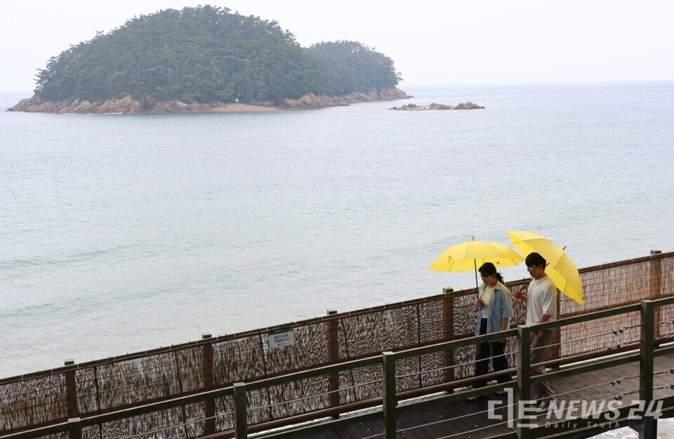 16일 충남 태안군 소원면 천리포수목원을 찾은 관광객들이 천리포 앞바다와 낭새섬이 눈앞에 펼쳐진 수목원 해변산책길을 걸으며 낭만적인 분위기를 연출하고 있다. /천리포수목원    