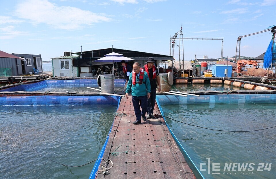 지난 2일 서산시 부석면 창리 가두리 양식장을 방문해 현장을 둘러보고 있는 조동식 의장. /서산시의회 