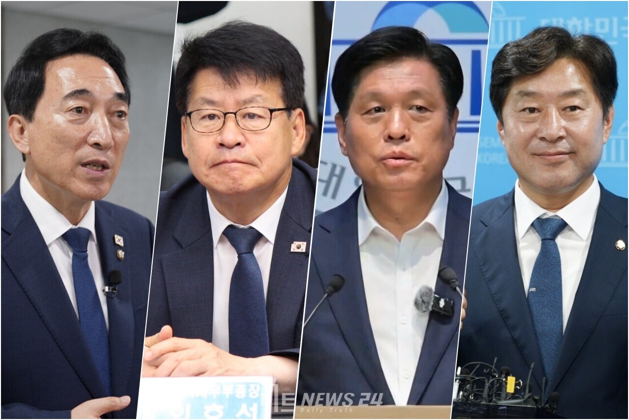 (왼쪽부터) 박수현 수석대변인, 임호선 수석사무부총장, 조승래 사무총장, 황명선 최고위원. ⓒ황재돈 기자. 