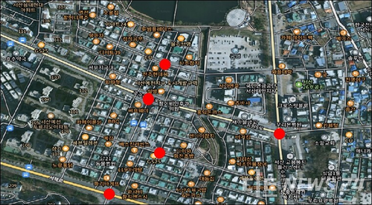 9월 1일부터 단속 시간 등이 조정되는 3개 지역 중 서산중앙호수공원 일대 CCTV 위치. /서산시