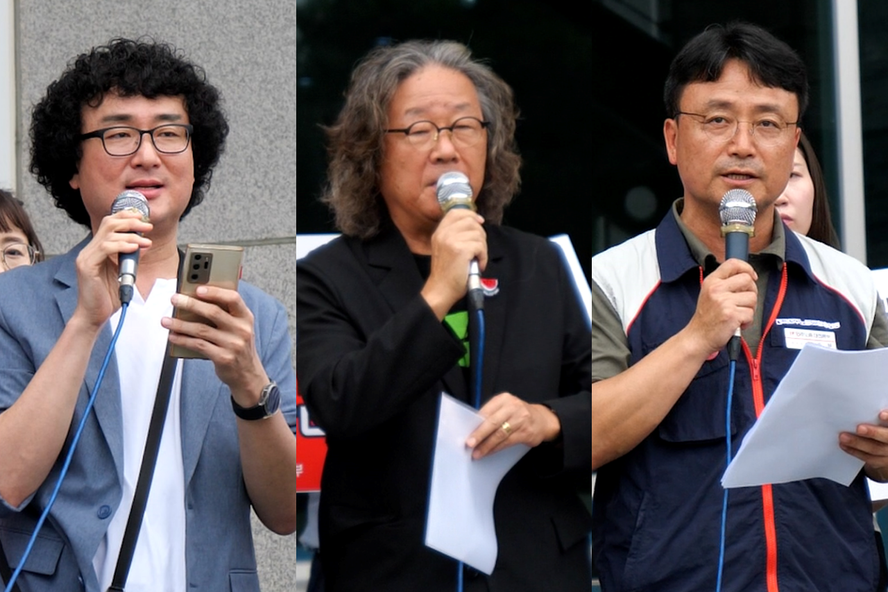 이장우·김태흠·최민호 충청권 시·도지사 언론탄압 규탄 기자회견 발언 모습. 사진 왼쪽부터 정진호 대전충남민주언론시민연합 상임운영위원장, 문성호 대전시민사회단체연대회의 공동대표, 김율현 민주노총 대전본부장. 최찬룡 PD.