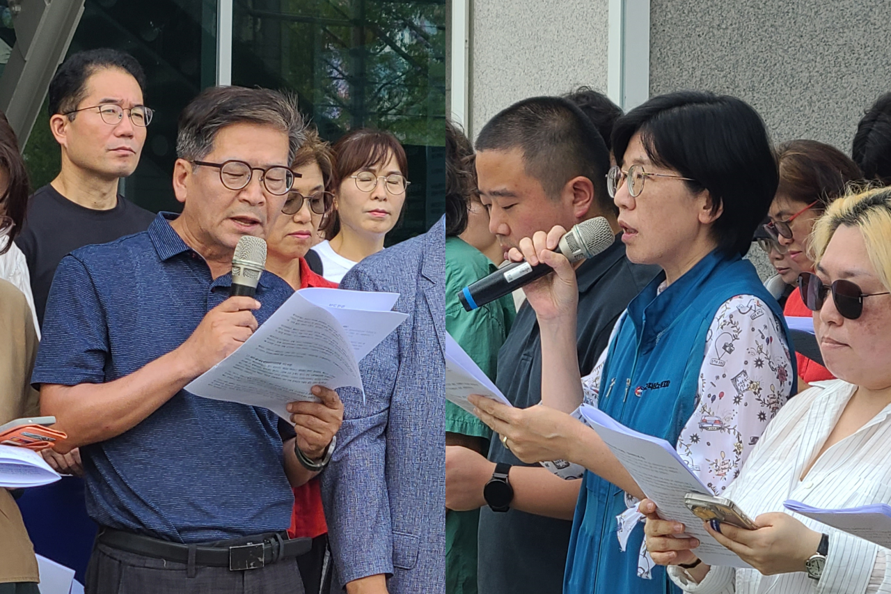 대전인권행동 양해림 공동대표(사진 왼쪽)와 신은 전교조 대전지부장(사진 오른쪽)이 20일 열린 기자회견에서 발언하고 있다. 한지혜 기자.