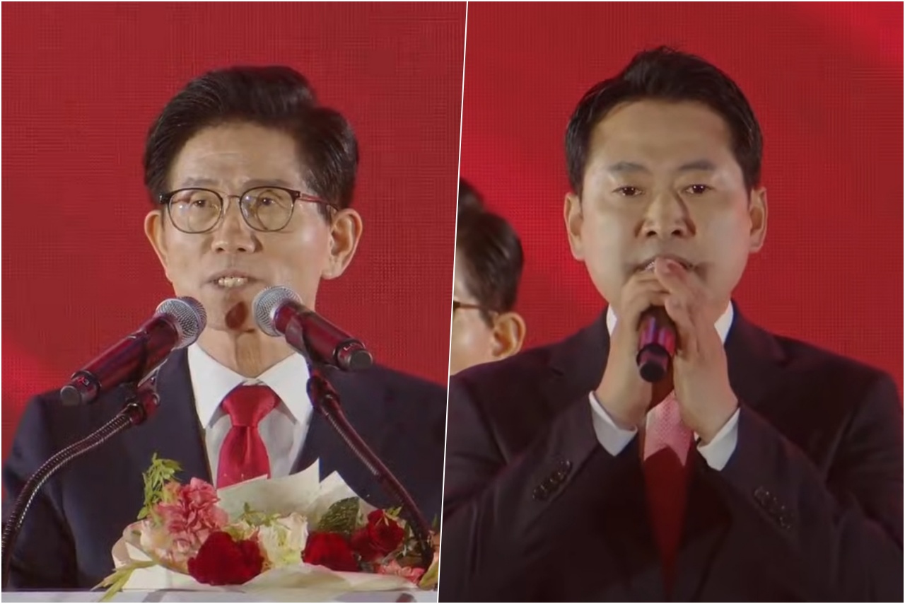 국민의힘 탄핵 반대파 주자인 김문수·장동혁 후보가 당 대표 결선에 올랐다.  국민의힘TV 갈무리.