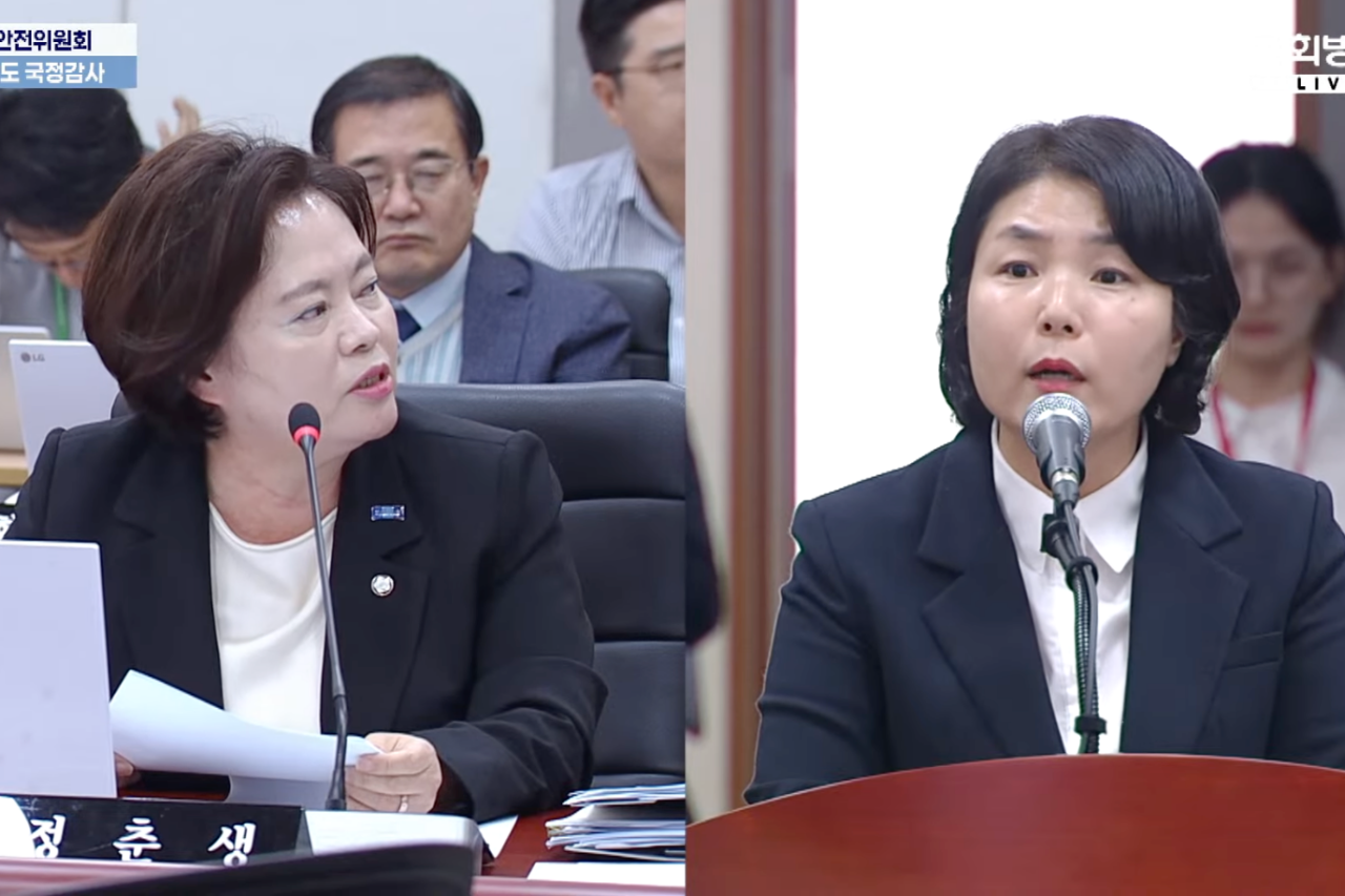 전희경 충남연구원장(오른쪽)이 논문 표절 의혹과 정치적 중립 문제로 충남도 국정감사에서 집중 추궁을 받았다. 국회방송 유튜브 갈무리. 