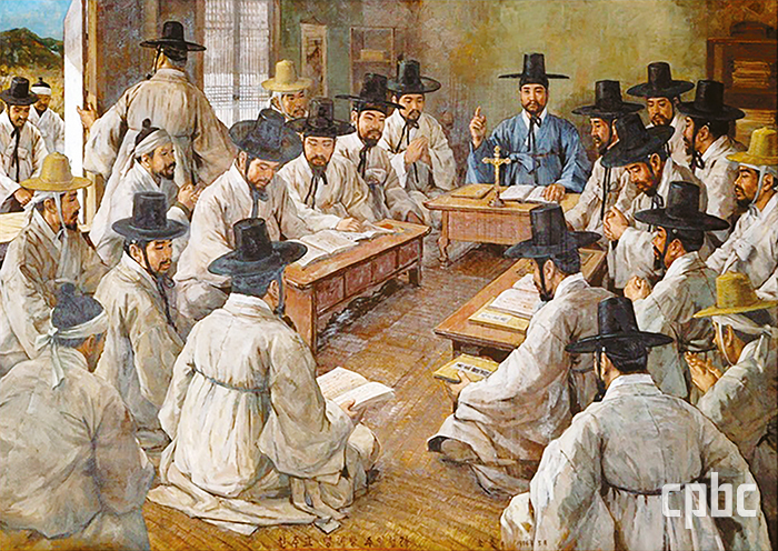 지금의 명동성당 인근의 장악원(掌樂院) 앞에 있던 역관 김범우의 명례방 집에서 열린 신앙집회. 큰 갓(양반), 작은 갓(중인) 패랭이(상인) 흰 수건(평민) 등 머리모양이 각양각색인데, 맨 앞의 푸른 두루마기 차림의 선비가 세례자 요한 이벽이다. 1785년 봄 집회를 갖다 형조의 금리(禁吏)들에 의해 적발되어 ‘을사추조적발사건’으로 비화했는데, 이 집회에는 정약전·약용 형제도 참여했다.(성화. 김태)