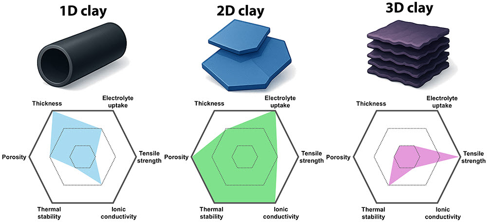 점토광물의 구조적 형태(1D·2D·3D)에 따라 달라지는 이차전지 성능 변화를 나타낸 그래프. 단국대 제공