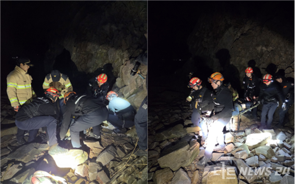 충남 서산소방서가 16일 대산면 독곶리 황금산 일원에서 등산객 1명이 실종됐다가 몽돌해변 갯바위에서 심정지 상태로 발견된 사고와 관련 산행 중 안전수칙 준수를 당부했다. 사진은 황금산 등산객 실종자 구조 모습. /서산소방서